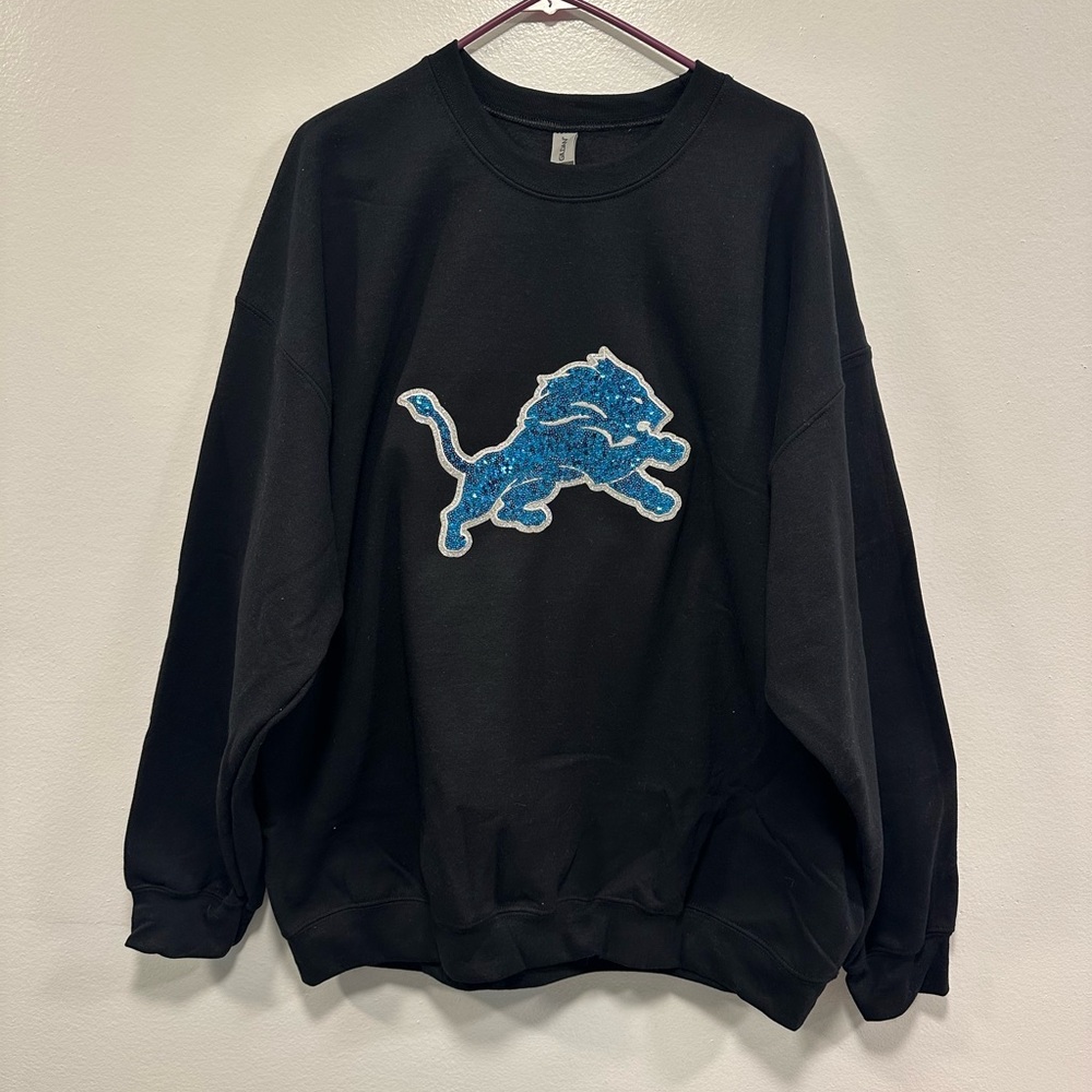 Detroit LionsNFL Black Sweatshirt with sequin sparkle Blue Lion Logo! Size XXL - Picture 4 of 4